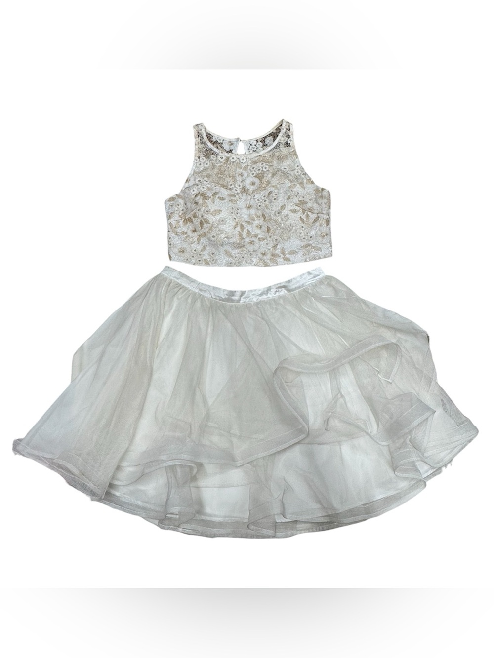 Sequin Hearts brand size 11 two piece white and gold colored two piece dress.